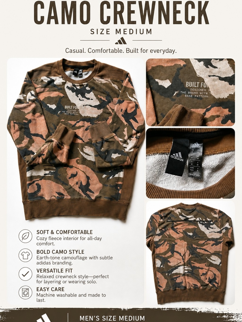 adidas Men's Camo Crewneck Sweater - Brown, Olive, Tan